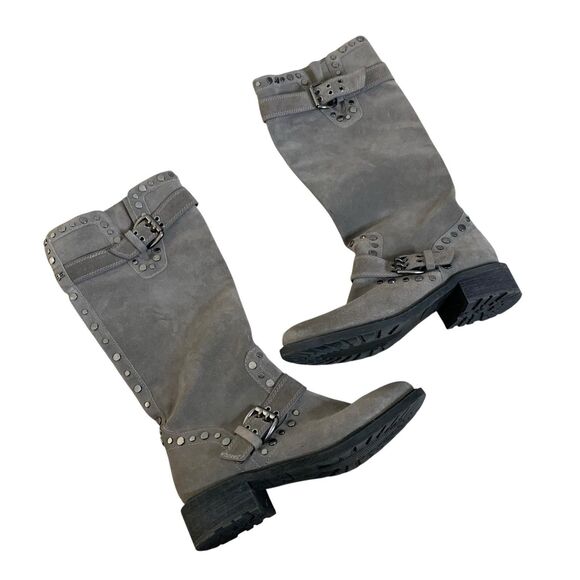 Sam Edelman Suede Studded Knee High Boots Women's Biker Rugged Sz 7.5 Grey - Picture 1 of 12